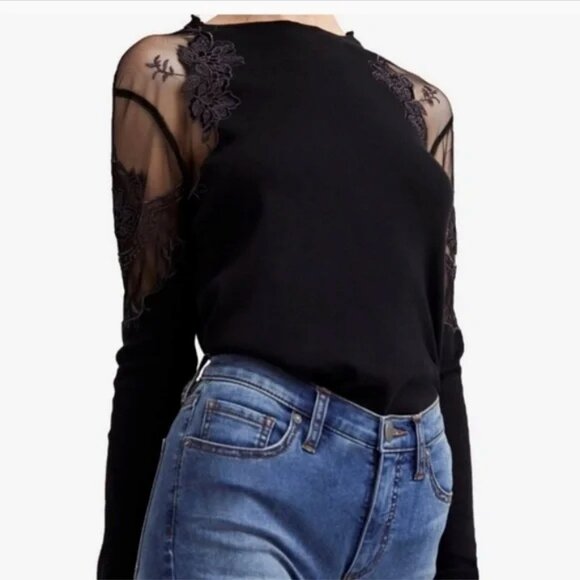 Free People Sweaters - Free People Daniella Black Sweater with Mesh Embroidered Shoulders • S